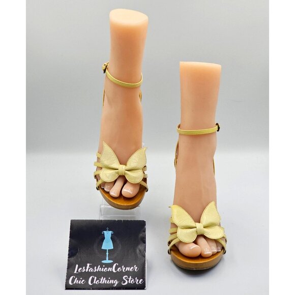 Moschino Women's Yellow Leather Ankle Strap Wooden Platform Sandal Sz 6 2694 - Picture 2 of 16